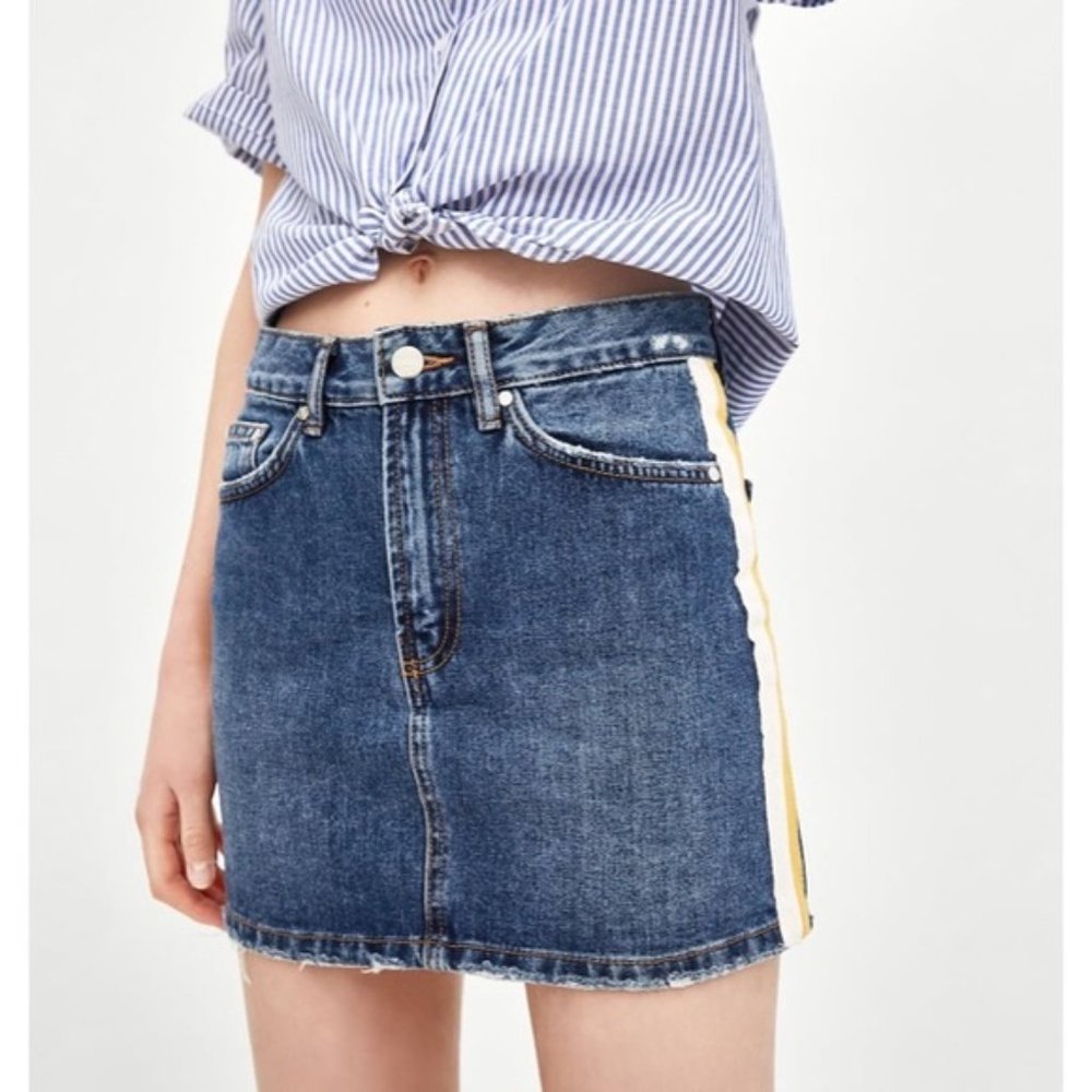 New Zara Yellow Striped Denim Mini Skirt